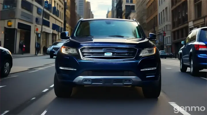 in the city, a dark blue SUV car driving in the city