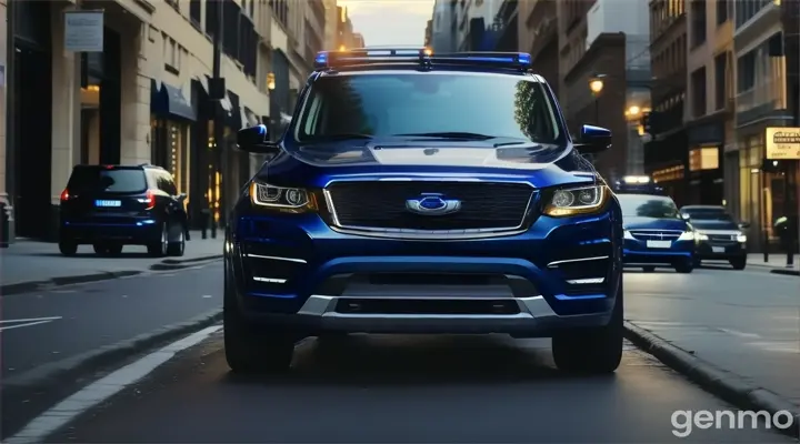 in the city, a dark blue SUV car driving in the empty city