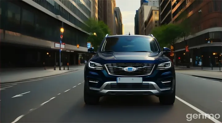 in the city, a dark blue SUV car driving in the city with empty road