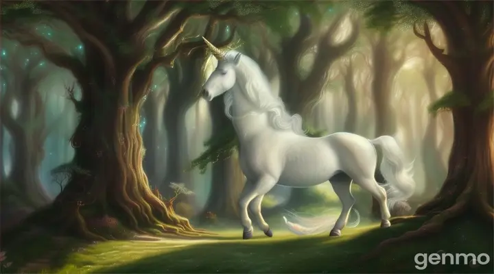 creation of a single  little  unicorn with  Her coat is pure white, shimmering under the sunlight, with a long, flowing mane that sparkles like stars. Her gentle, glowing horn casts a peaceful light Little unicorn is deep within the heart of the forest, surrounded by towering, ancient trees. The air is thick with magic, and soft, glowing mist curls around her hooves. She moves cautiously, her horn glowing brighter to light the way. Her calm confidence shows as she leads her friends through this mysterious part of the journey..16:9