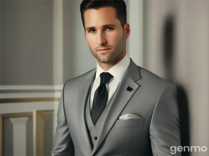 american rich groom he is 30 years old he is wearing gray color dress