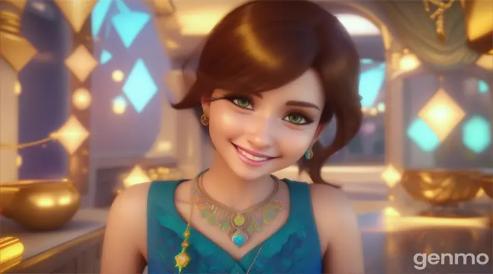 In 3D animations style'Sara wearing the necklace again, smiling brightly.