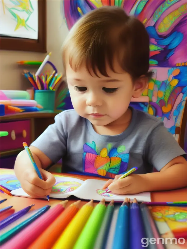 A small kid is painting in the colourful books with colour pencil