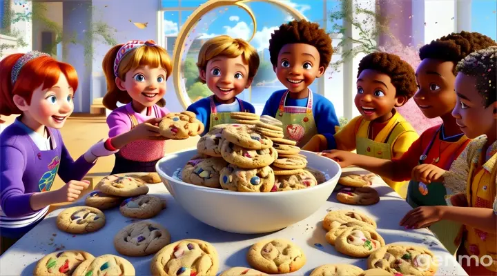 a group of children standing around a bowl of cookies