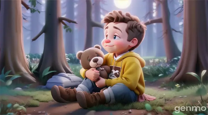 a boy sitting on the ground holding a teddy bear