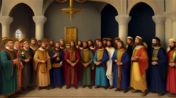 show Prophet Samuel in the house of Jesse. show 7 boys lining up in front of Prophet Samuel who is holding a horn of anointing oil in his hand
