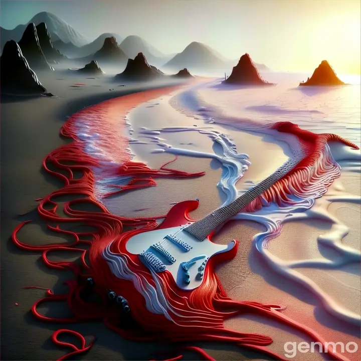 a red electric guitar laying on top of a sandy beach