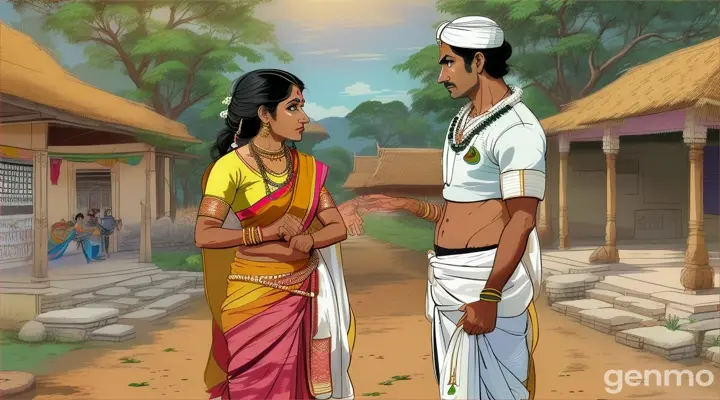 One man in dhoti angrily talking to his wife in saree village cartoon 