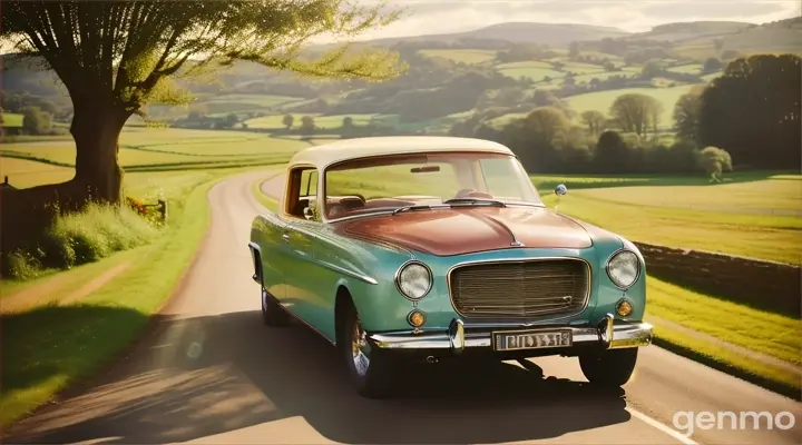 *Line*: "हमारी journey होगी classic"  
  *Prompt*: A beautiful slow-motion sequence of the couple driving through the countryside in a classic vintage car, with the wind in their hair and smiles on their faces.
