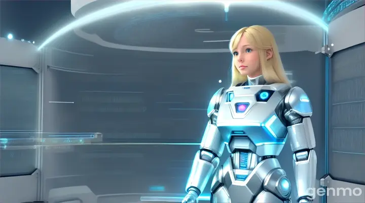 Beautiful Girl with blonde hair in robot costume of white-blue color with silver stands and talks with a scientist man in a robe in the middle of a scientific laboratory, around computer monitors, scientific equipment, flasks, microscopes. Futuristic interior of the laboratory in white and silver colors, images, halograms of graphs and schemes of atoms hanging in the air.