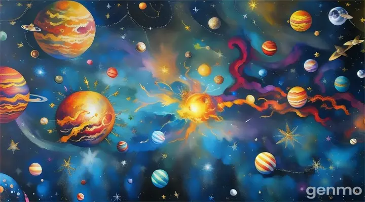 a painting of planets and stars in the sky