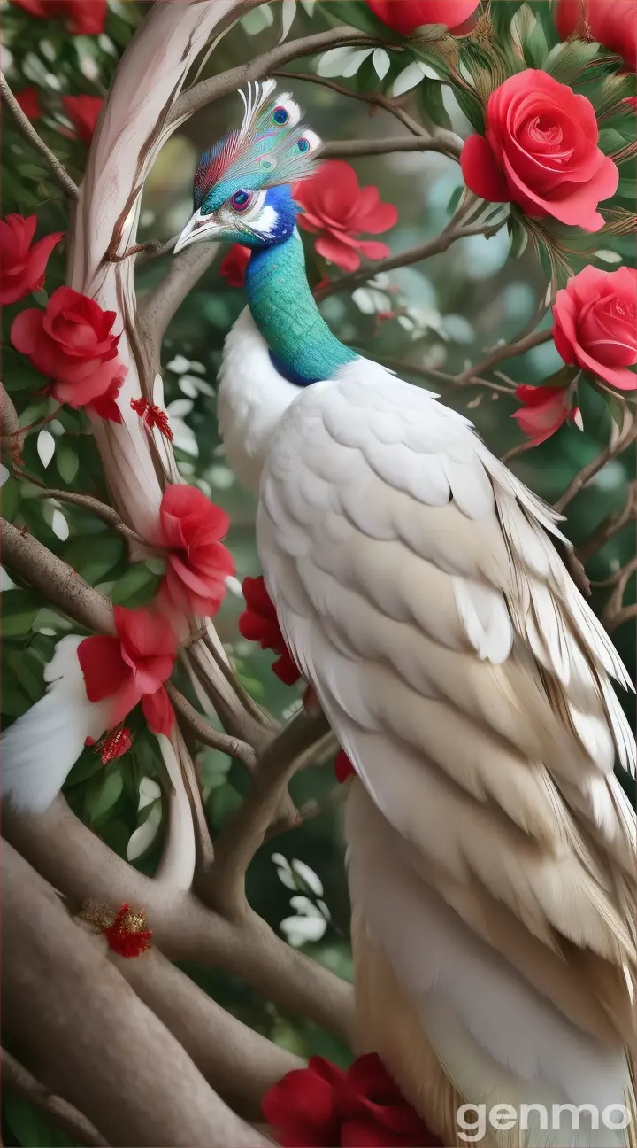 A pure white and Red crimson peacock on a branch of jasmine and rose 