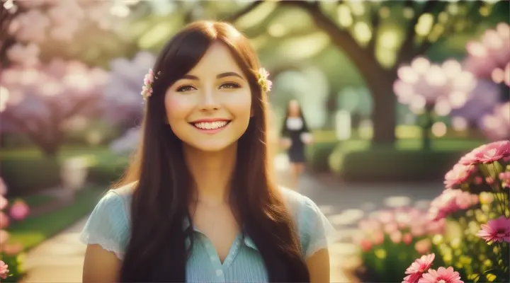 Smiling woman meeting 2 friends, in a beautiful garden with virtual elements all around