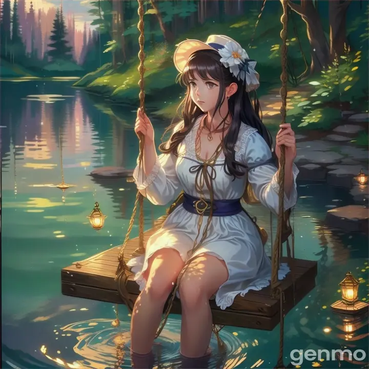 a woman sitting on a swing in the water