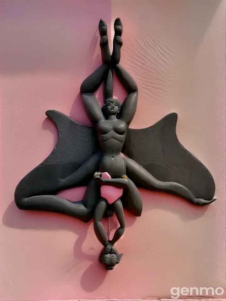 a sculpture of a three leg woman spinning down on a pink wall