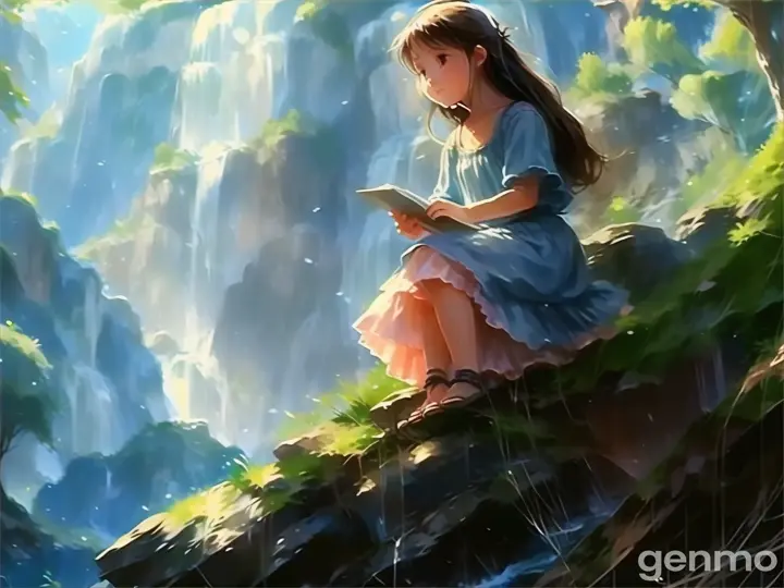 a little girl sitting on a rock in front of a waterfall