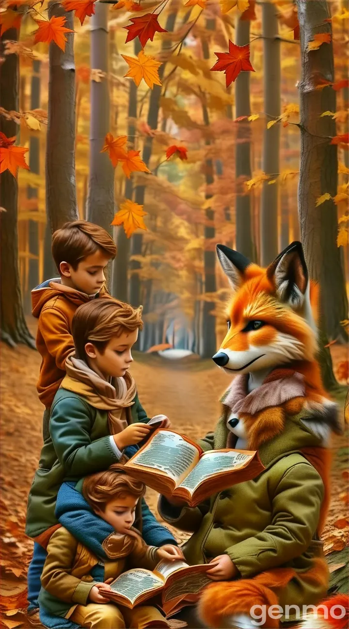 two children are reading a book in the woods