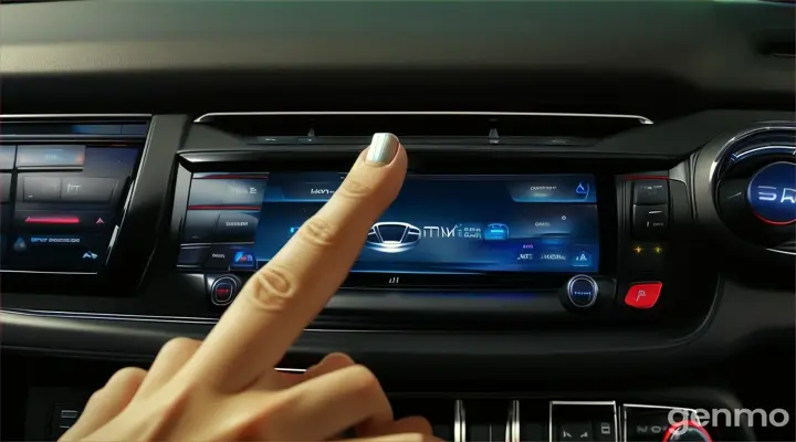 inside the car, inside the dark blue SUV car, a woman finger pressing a button on a car radio