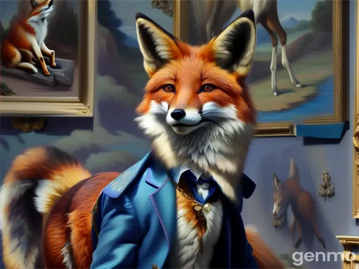 a painting of a fox in a blue suit