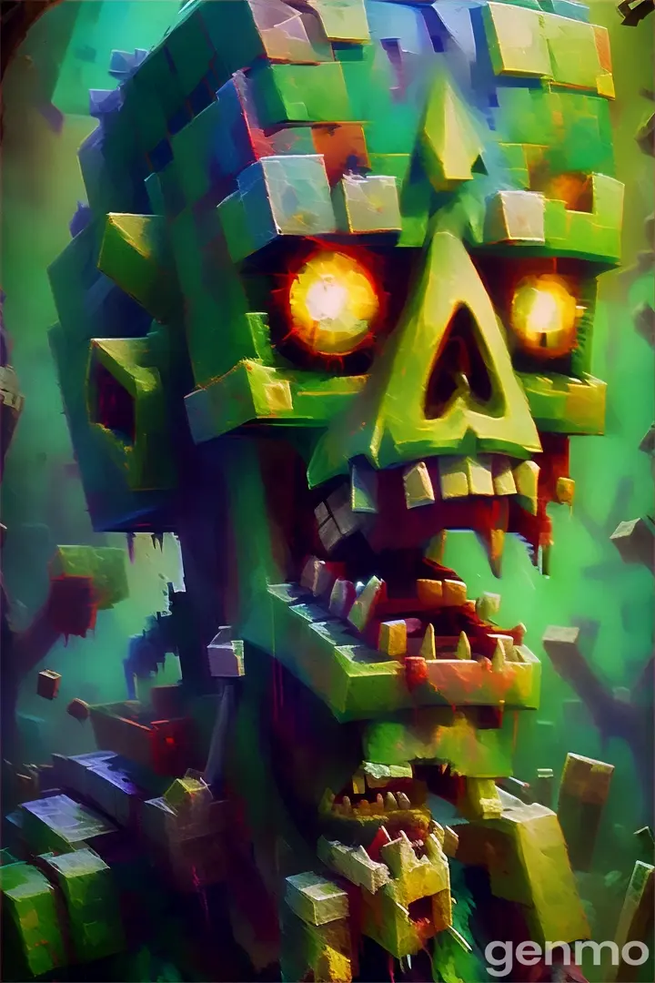 a painting of a zombie with glowing eyes Minecraft game 