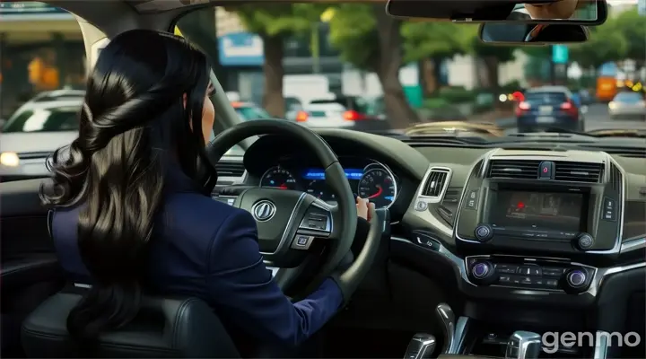 in the city, inside SUV car, a back view of a woman with Long wavy Black Hair in dark blue business suit driving a car with her hands on the steering wheel