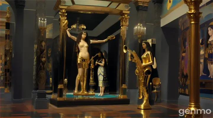 Mona Lisa Joconda as Gustave Klimt is sitting upright holding an umbrella beside a Saxophonist woman in mirror reflecting a Cycladic Eidolio before a Grammophone with Aphrodite de Milo in Giorgio de Chirico as style looking The Sacrifice of Iphigenia Paul Delvaux in black room with Piet Mondrian decoration
