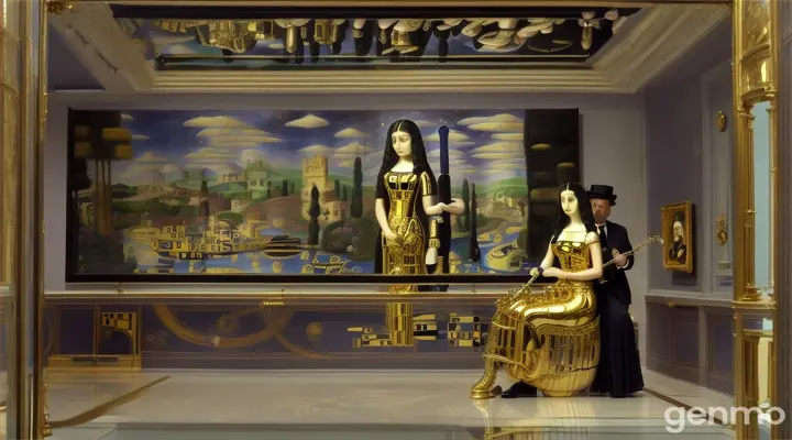 Mona Lisa Joconda as Gustave Klimt is sitting upright holding an umbrella beside a Saxophonist woman in mirror reflecting a Cycladic Eidolio before a Grammophone with Aphrodite de Milo in Giorgio de Chirico as style looking The Sacrifice of Iphigenia Paul Delvaux in black room with Piet Mondrian decoration