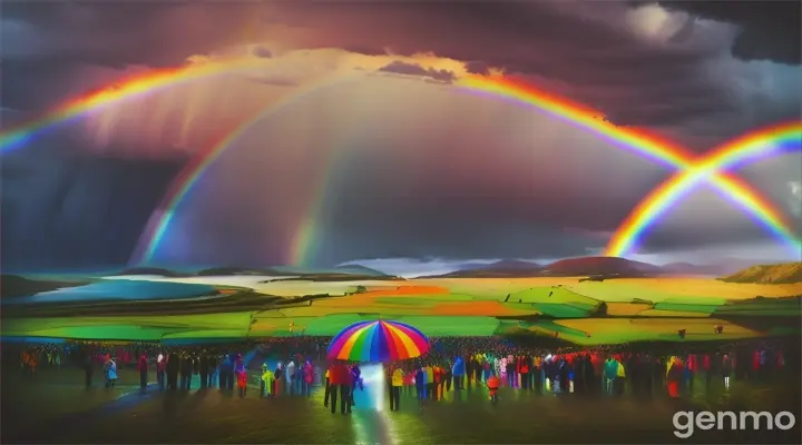 People under a dramatic, vibrant rainbow after a storm