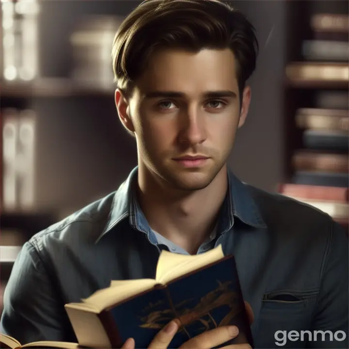 a american young boy he is 30 years old, he is holding a book and telling a story