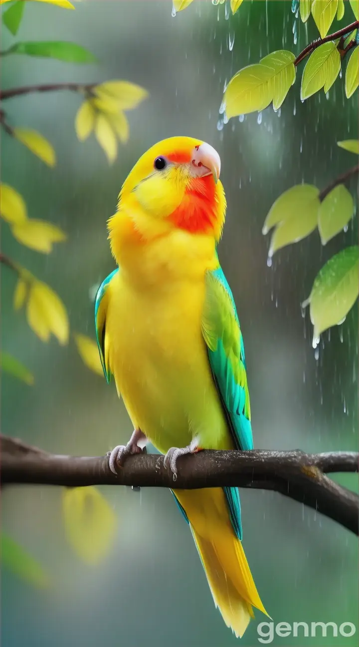 A pure yellow lovebird in rain on a branch of jasmine. Highlight its damp feathers and rain drops 