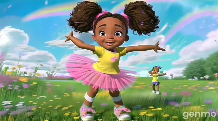 a little girl in a pink tutu dancing in a field of flowers