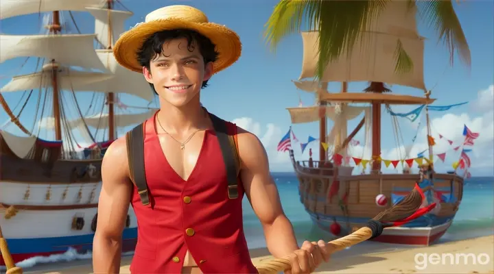 Create a live-action version of Luffy from One Piece, resembling a young Hollywood actor. His look should combine a sense of youthful energy and adventure, with a lean, athletic build. He should wear Luffy's iconic straw hat, red vest, and blue shorts, standing confidently with a playful smile. His hair is messy and black, with an adventurous glint in his eyes. The Hollywood actor should embody a similar carefree yet determined personality, someone like Tom Holland or Dylan O'Brien. The setting can be a tropical beach or an open sea with a pirate ship in the background.