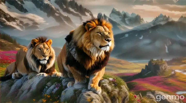 Two regal lions perched on a rocky outcrop in front of snow-capped mountains and a field of wildflowers