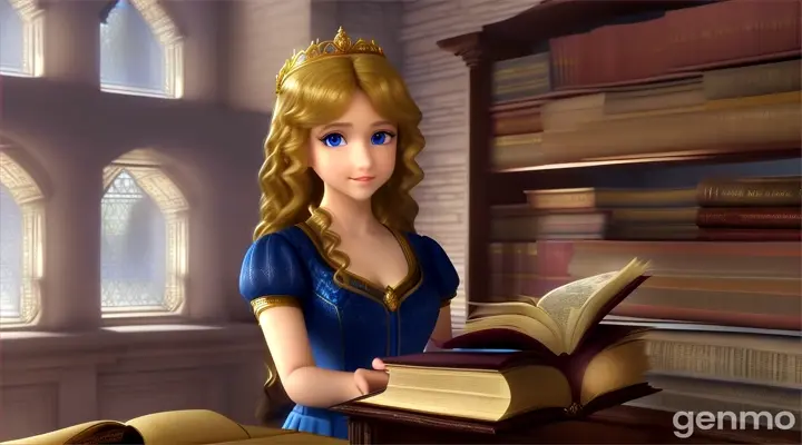   3d animation    One sunny morning, while exploring the castle library,princess Sofia  18 years old with blue eyes and golden curels hairs discovered an ancient book titled "The Lost Tales of Eldoria.

