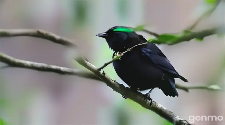 a black bird with a green head sitting on a branch