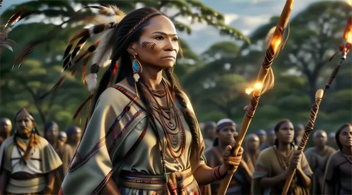 a native american woman holding a staff in front of a group of people