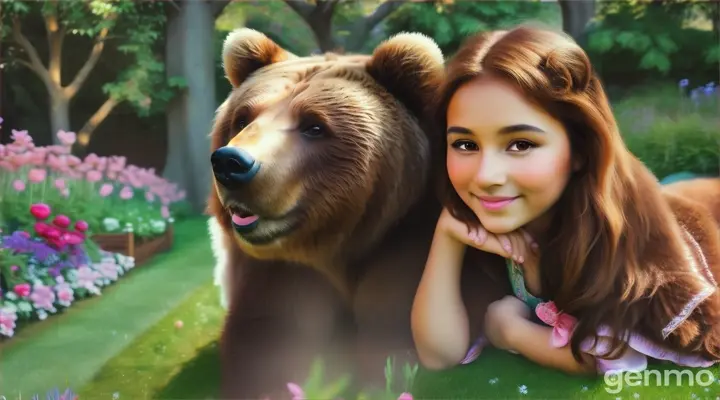 brown bear with cute girl in garden