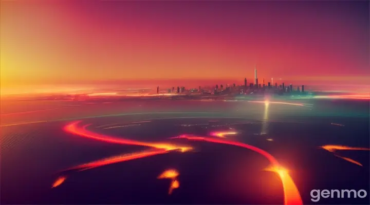 A sleek, futuristic city skyline silhouetted against a fiery sunset sky