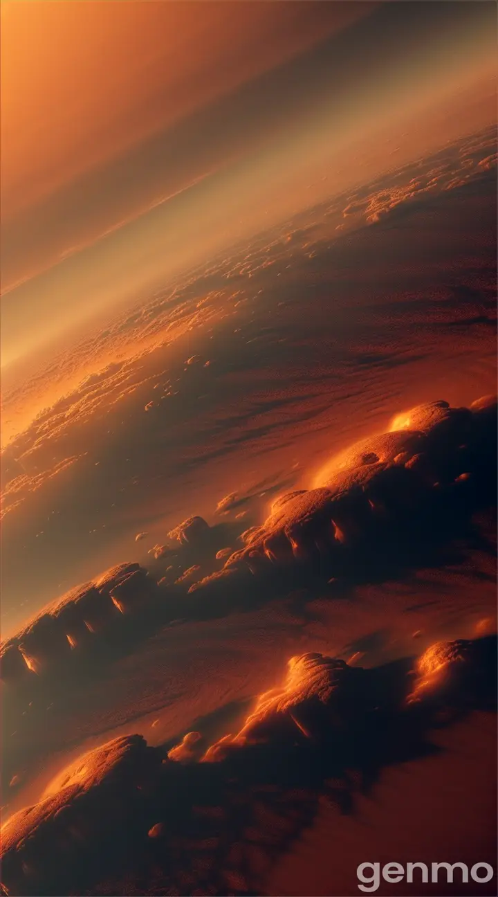 A closer shot of Titan’s surface, showing thick orange clouds and a hazy, dense atmosphere, with soft sunlight filtering through.