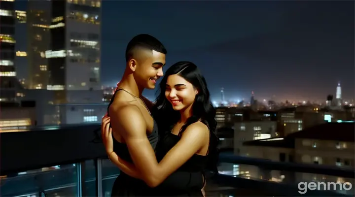 at night, at the rooftop, a happy young man with Skin fade Buzz cut black hair and a young woman with Long wavy Black Hair dancing in front of a cityscape with the city lights as background