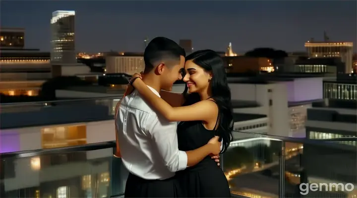 at night, at the rooftop, a happy young man with Skin fade Buzz cut black hair in white formal shirt and a young woman with Long wavy Black Hair in black tank top long dress dancing in front of a cityscape with the city lights as background