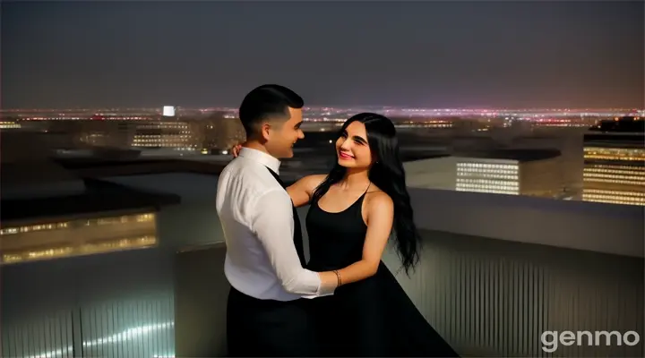 at night, at the rooftop, a happy man with Skin fade Buzz cut black hair in white formal shirt and a woman with Long wavy Black Hair in black tank top long dress dancing in front of a cityscape with the city lights as background