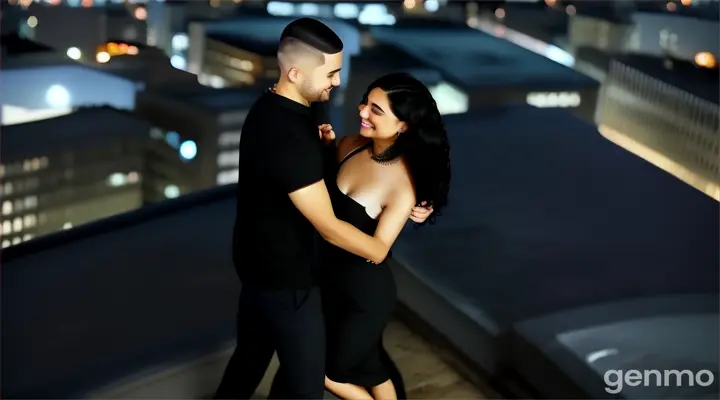 at night, at the rooftop, an aerial view of a happy man with Skin fade Buzz cut black hair and a woman with Long wavy Black Hair dancing with the city lights as background