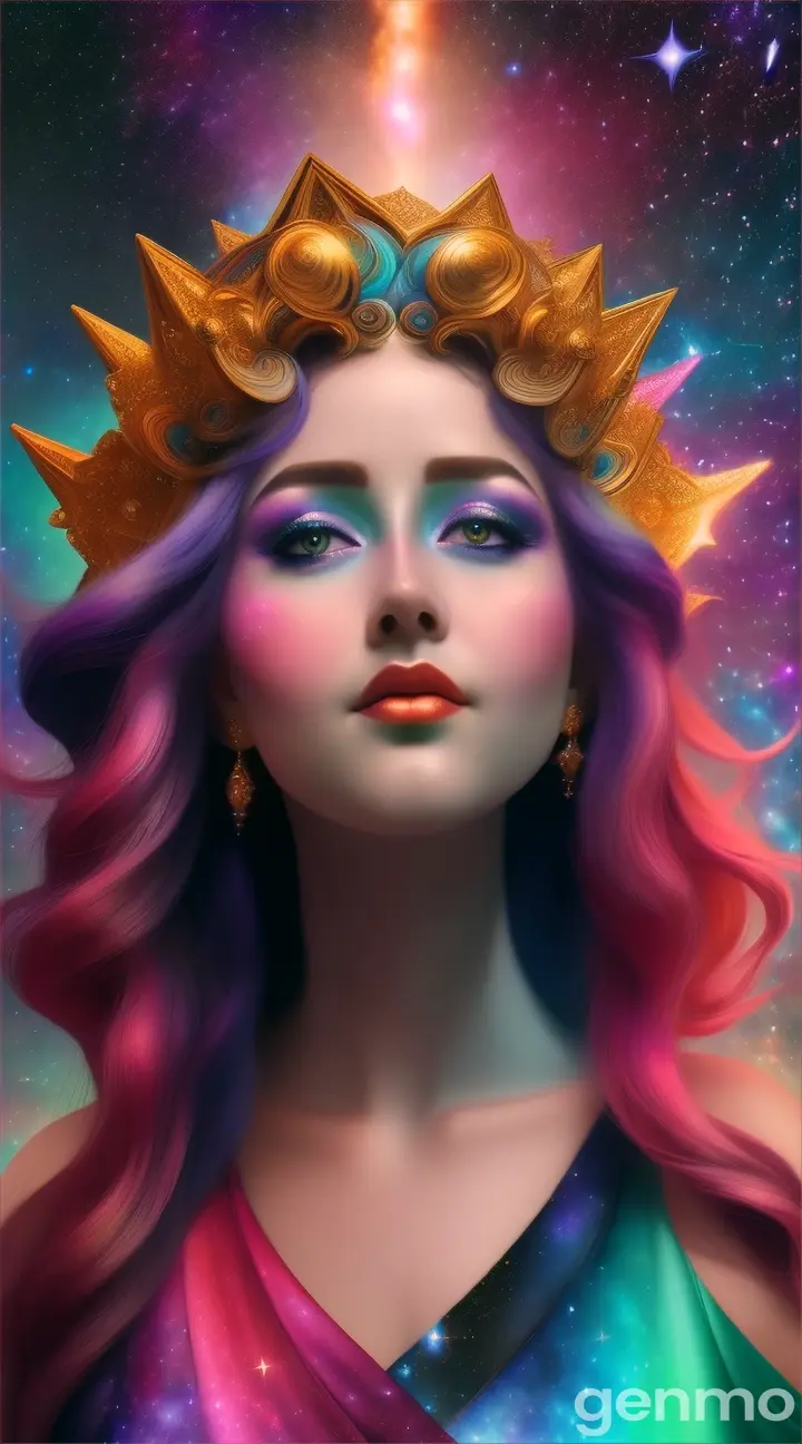 A plump nebula goddess in a divine pose, surrounded by a colorful galaxy, her hair made of shooting stars