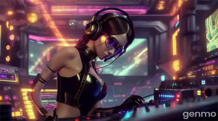 A slender woman with shapely hips and a larger bust than usual, wearing steampunk glasses, shiny headphones and a low-cut latex swimsuit, stands near a DJ mixing console and an electric piano in a steampunk club. Minimal clothing. Laser beams of bright colors against the background of large television screens. "FPV drone shot"