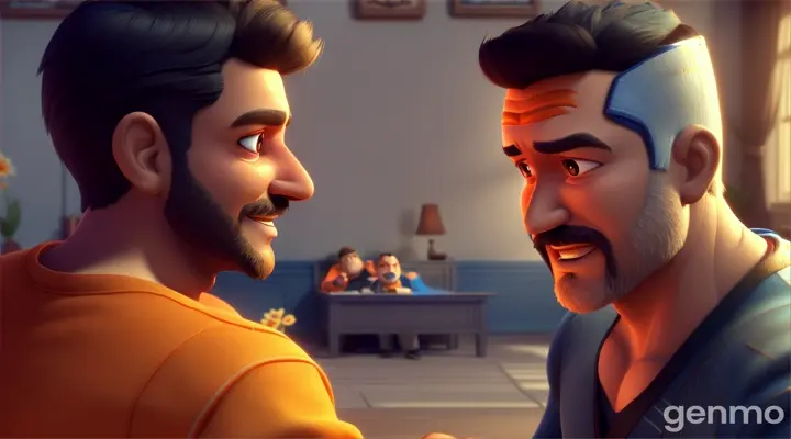 In 3D animations style'Father smiles proudly at Ali, while Ali confidently looks forward.
Narration: "And it’s okay to ask for help when things get hard."