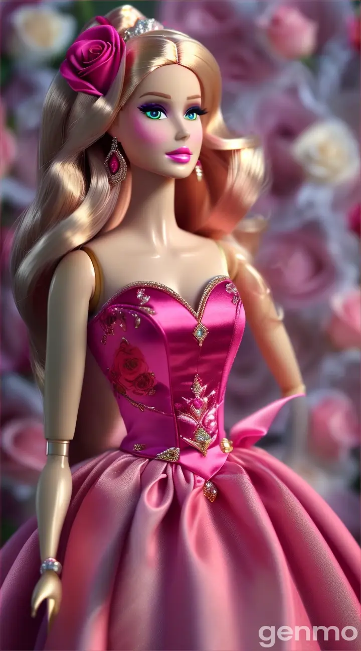 Barbie girl walking gracefully with her beautiful looks in a designer gown that is designed with roses, satin material 9:16 ratio, colourful bright vibrant colours, very attractive, masterpiece professional artwork, 9:16 ratio