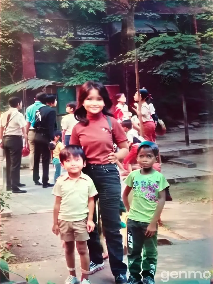 Two children and an adult posed in nature with a color palette inspired by the surrounding environment