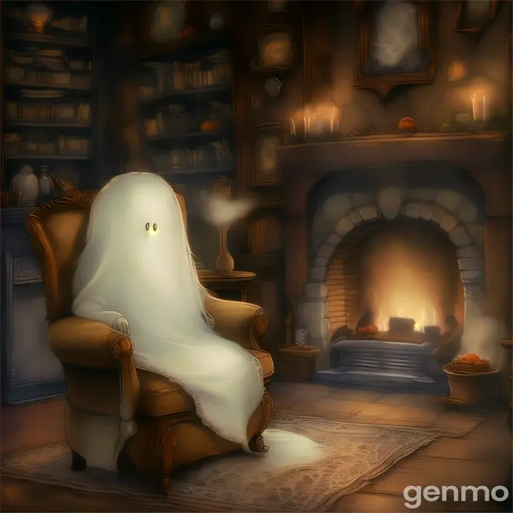 a ghost sitting in a chair in front of a fireplace