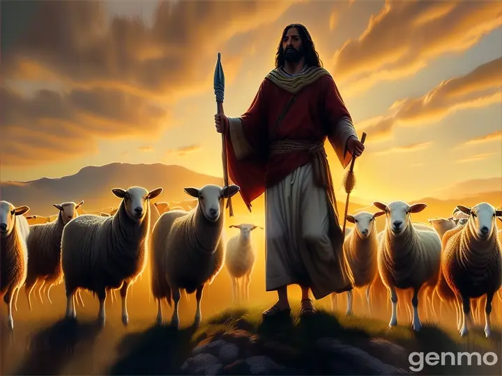 Jesus with a shepherd staff standing in front of a herd of sheep